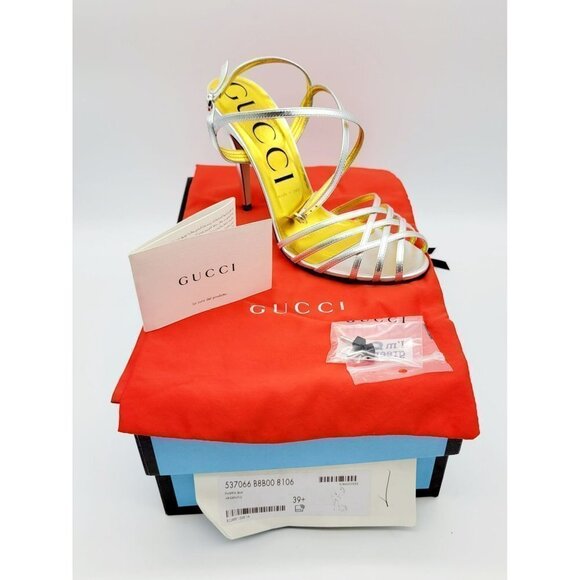 Gucci Nappa Silk Agento Chain Silver Women's Heel Sandals Size 39.5 - Picture 1 of 8